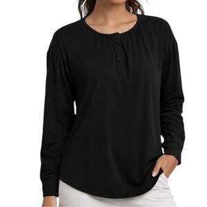 HALARA Black Blouse Women’s Small Round Neck 3 Buttons Light Puff Sleeve Trendy